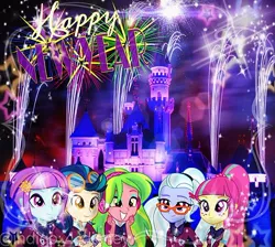 Size: 640x573 | Tagged: artist needed, safe, derpibooru import, indigo zap, lemon zest, sour sweet, sugarcoat, sunny flare, equestria girls, clothes, crossed arms, crystal prep academy uniform, crystal prep shadowbolts, disneyland, fireworks, goggles, headphones, holly, new year, school uniform, shadow five