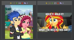 Size: 745x404 | Tagged: safe, derpibooru import, edit, edited screencap, screencap, flash sentry, gloriosa daisy, sunset shimmer, derpibooru, equestria girls, legend of everfree, rainbow rocks, crack shipping, female, image macro, juxtaposition, juxtaposition win, male, meme, meta, sentryosa, shipping, straight, vulgar