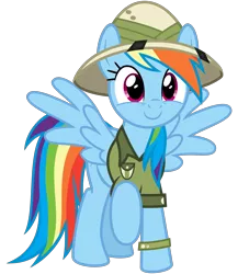 Size: 2600x3000 | Tagged: safe, artist:cheezedoodle96, derpibooru import, rainbow dash, pony, stranger than fan fiction, .svg available, clothes, cosplay, costume, cute, daring do costume, dashabetes, female, happy, hat, mare, pith helmet, raised hoof, shirt, simple background, smiling, solo, spread wings, svg, transparent background, vector