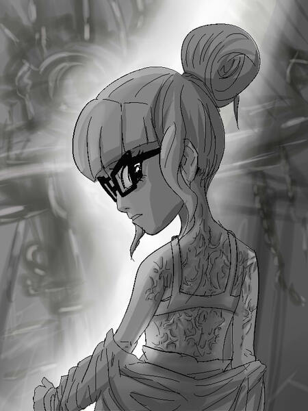 Size: 600x800 | Tagged: semi-grimdark, suggestive, artist:kul, derpibooru import, sci-twi, twilight sparkle, equestria girls, back, backless, fate/stay night, female, grayscale, monochrome, scar, solo, trauma