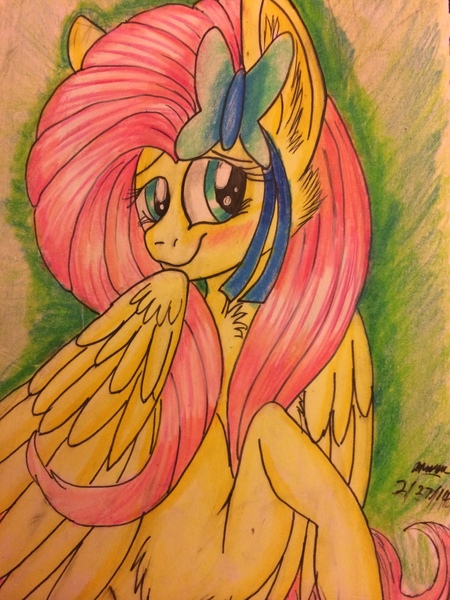 Size: 2448x3264 | Tagged: accessories, artist:snowfoxythefox, blushing, butterfly, chest fluff, colored, colored pencil drawing, colored sketch, cute, derpibooru import, fluttershy, hiding behind mane, pencil, pencil drawing, safe, shyabetes, simple background, solo, traditional art