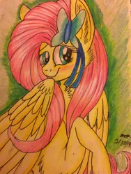 Size: 2448x3264 | Tagged: accessories, artist:snowfoxythefox, blushing, butterfly, chest fluff, colored, colored pencil drawing, colored sketch, cute, derpibooru import, fluttershy, hiding behind mane, pencil, pencil drawing, safe, shyabetes, simple background, solo, traditional art