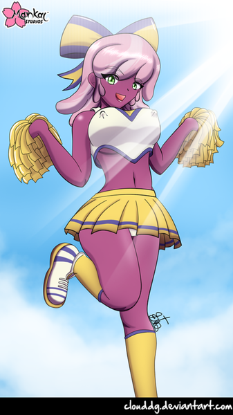 Size: 561x1000 | Tagged: suggestive, artist:clouddg, derpibooru import, cheerilee, equestria girls, the cart before the ponies, adorasexy, belly button, big breasts, breasts, busty cheerilee, cheeribetes, cheerileeder, cheerleader, clothes, cute, equestria girls interpretation, erect nipples, female, looking at you, midriff, miniskirt, nipple outline, nipples, open mouth, pleated skirt, pom pom, raised leg, scene interpretation, sexy, shoes, skirt, skirt lift, smiling, sneakers, socks, solo, solo female, underwear, upskirt, white underwear