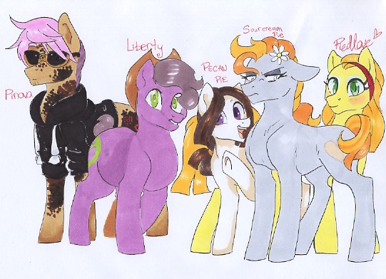 Size: 541x392 | Tagged: artist:frozensoulpony, derpibooru import, next generation, oc, oc:justice apple, oc:pecan pie, oc:pinova apple, oc:redlove, oc:sourcream pie, offspring, parent:apple florette, parent:braeburn, parent:caramel, parent:limestone pie, parent:marble pie, parent:troubleshoes clyde, safe, unofficial characters only