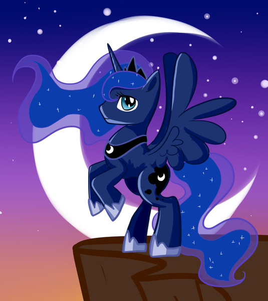 Size: 1100x1234 | Tagged: safe, artist:phillyphia, derpibooru import, princess luna, moon, night, rearing, solo, spread wings