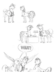 Size: 1100x1473 | Tagged: safe, artist:baron engel, derpibooru import, blossomforth, rainbow dash, oc, oc:sky brush, canon x oc, comic, goggles, monochrome, paperwork, pencil drawing, shipping, traditional art