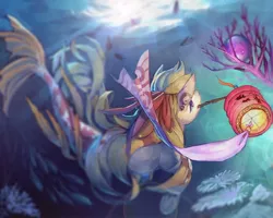 Size: 1024x819 | Tagged: artist:dirtytimi, derpibooru import, mouth hold, oc, oc:lana, safe, sea pony, solo, underhoof, underwater, unofficial characters only