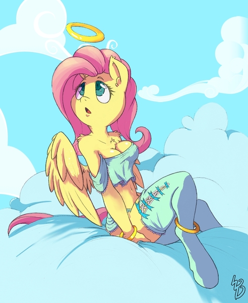 Size: 820x1000 | Tagged: angel, ankle bracelet, anthro, artist:dfectivedvice, artist:firebird145, belly button, bracelet, breasts, busty fluttershy, chest fluff, cleavage, clothes, cloud, colored, cute, derpibooru import, female, fluttershy, halo, jewelry, midriff, miniskirt, questionable, shyabetes, skirt, skirt lift, socks, solo, solo female, stockings, thigh highs, unguligrade anthro, zettai ryouiki