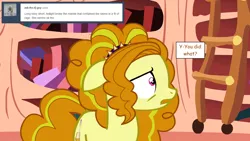 Size: 1280x720 | Tagged: safe, artist:hakunohamikage, derpibooru import, adagio dazzle, ponified, pony, ask-princesssparkle, dialogue, golden oaks library, solo, worried