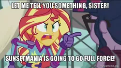 Size: 800x450 | Tagged: safe, derpibooru import, edit, edited screencap, screencap, sci-twi, sunset shimmer, twilight sparkle, equestria girls, caption, hulk hogan, hulkamania, image macro, meme, sunset yells at twilight, wwe