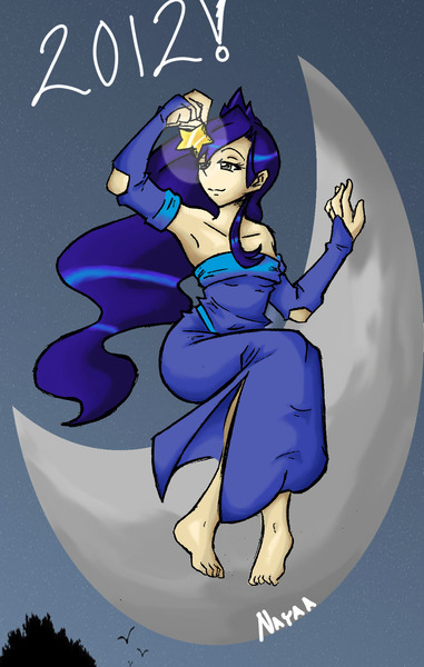 Size: 1111x1748 | Tagged: armpits, artist:nayaasebeleguii, barefoot, clothes, derpibooru import, evening gloves, feet, fingerless gloves, gloves, human, humanized, lidded eyes, moon, princess luna, safe, sitting, smiling, solo, tangible heavenly object