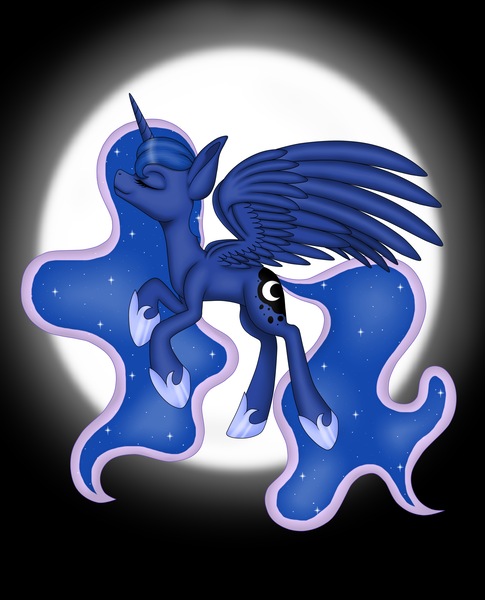 Size: 1736x2148 | Tagged: artist:margo24, derpibooru import, eyes closed, flying, moon, princess luna, safe, solo