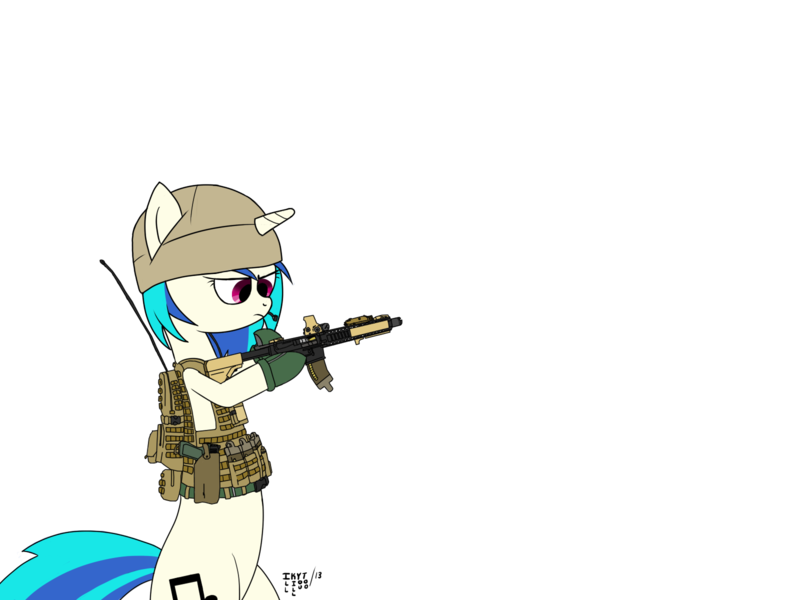 Size: 1600x1200 | Tagged: safe, artist:illkillyoutoo, derpibooru import, vinyl scratch, pony, unicorn, ar15, backpack, belt, clothes, eotech, female, glock, glock 17, gloves, gun, handgun, holster, hooves, horn, magpul, mare, microphone, military, picatinny rail, pistol, radio, red dot, simple background, solo, transparent background, vest, weapon