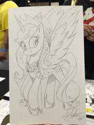 Size: 1536x2048 | Tagged: safe, artist:andypriceart, derpibooru import, applejack, alicorn, pony, applecorn, cowboy hat, crown, element of honesty, hat, horseshoes, jewelry, monochrome, pencil drawing, peytral, race swap, regalia, solo, stetson, traditional art