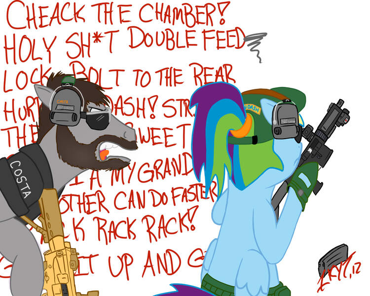 Size: 1280x1024 | Tagged: alternate hairstyle, ar15, artist:illkillyoutoo, baseball cap, beard, chris costa, clothes, derpibooru import, earmuffs, facial hair, frown, gloves, gun, hat, magpul, name tag, ponified, rainbow dash, red dot, safe, sunglasses, teeth, vulgar, weapon, yelling