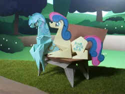 Size: 3648x2736 | Tagged: safe, artist:malte279, derpibooru import, bon bon, lyra heartstrings, sweetie drops, earth pony, pony, unicorn, bench, craft, origami, papercraft, prone, sitting, sitting lyra