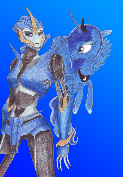 Size: 1600x2306 | Tagged: arcee, artist:speedfeather, derpibooru import, princess luna, safe, transformers, transformers prime