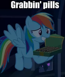 Size: 446x532 | Tagged: 28 pranks later, caption, cookie, cropped, derpibooru import, edit, edited screencap, food, image macro, left 4 dead, louis, meme, rainbow dash, safe, screencap, solo