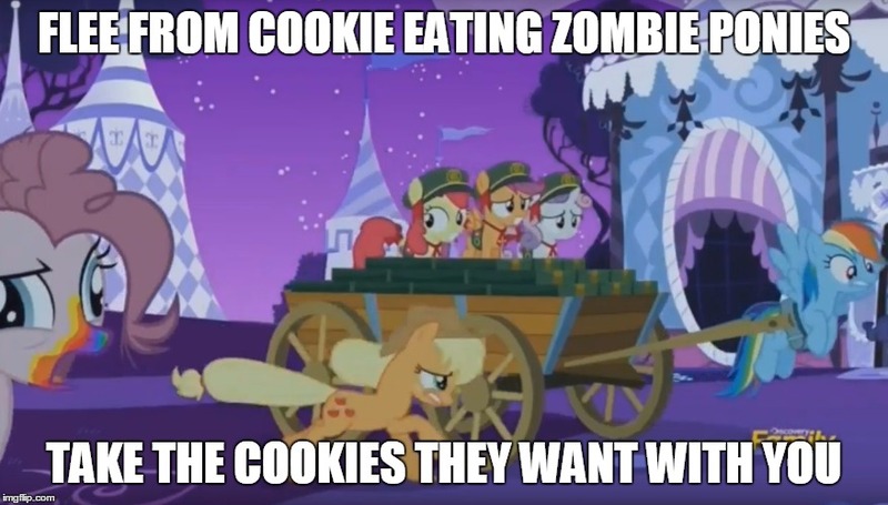 Size: 878x499 | Tagged: 28 pranks later, apple bloom, applejack, caption, cookie zombie, derpibooru import, edit, edited screencap, filly guides, image macro, logic, meme, pinkie pie, rainbow dash, safe, scootaloo, screencap, sweetie belle