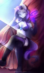 Size: 2029x3335 | Tagged: :3, anthro, artist:hakkids2, belly button, bra, breasts, cleavage, clothes, collar, crepuscular rays, derpibooru import, evening gloves, female, gloves, looking at you, magic, panties, plantigrade anthro, rarity, sitting, smiling, socks, solo, solo female, suggestive, telekinesis, thigh highs, underwear