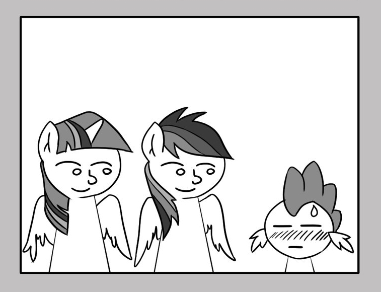 Size: 757x580 | Tagged: safe, artist:loreto-arts, derpibooru import, rainbow dash, spike, twilight sparkle, twilight sparkle (alicorn), alicorn, pony, comic:friendship is innuendo, cropped, le lenny face, monochrome