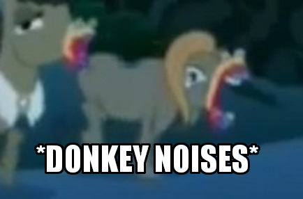 Size: 434x286 | Tagged: safe, derpibooru import, edit, edited screencap, screencap, cranky doodle donkey, matilda, donkey, 28 pranks later, caption, cookie zombie, crankilda, descriptive noise, image macro, meme