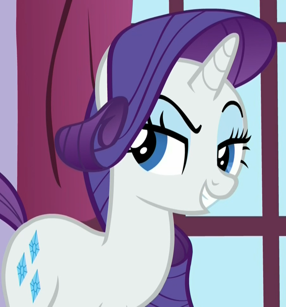 Size: 901x965 | Tagged: safe, derpibooru import, screencap, rarity, pony, 28 pranks later, dreamworks face, evil grin, lidded eyes, raised eyebrow, solo