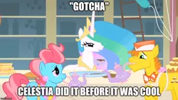 Size: 888x499 | Tagged: 28 pranks later, a bird in the hoof, before it was cool, caption, carrot cake, cup cake, derpibooru import, edit, edited screencap, image macro, meme, princess celestia, safe, screencap