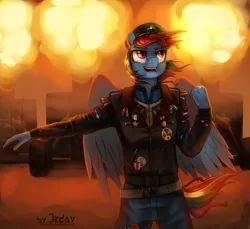 Size: 1300x1190 | Tagged: anthro, artist:jedayskayvoker, boomers, clothes, crossover, derpibooru import, fallout, fallout: new vegas, rainbow dash, safe, solo, windswept mane