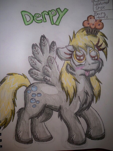 Size: 2736x3648 | Tagged: safe, artist:shelby100, derpibooru import, derpy hooves, pegasus, pony, chest fluff, female, floppy ears, fluffy, food, mare, muffin, solo, spread wings, tongue out, traditional art, unshorn fetlocks