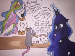 Size: 1024x768 | Tagged: artist:lunafacehoofplz, blatant lies, cake, cakelestia, crumbs, derpibooru import, food, magic, princess celestia, princess luna, safe, telekinesis, tiberius, traditional art