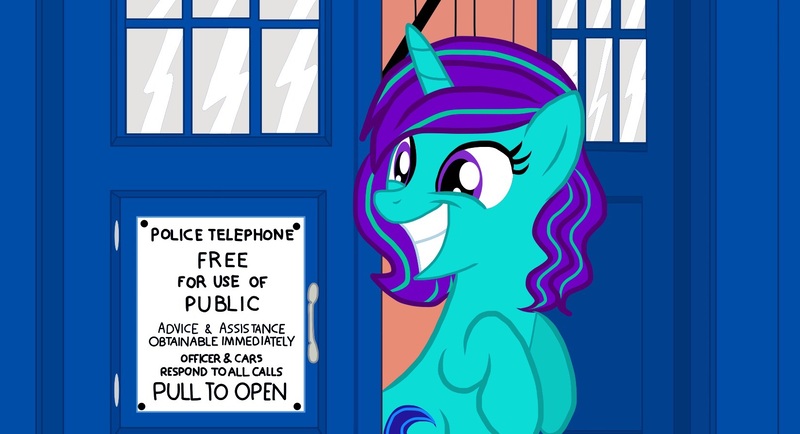 Size: 1650x895 | Tagged: artist:aquaseasplash, crossover, derpibooru import, doctor who, happy, oc, oc:aqua splash, safe, solo, tardis, unofficial characters only