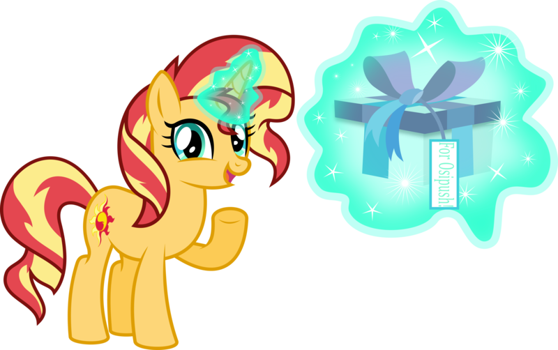 Size: 4829x3032 | Tagged: safe, artist:8-notes, derpibooru import, sunset shimmer, pony, unicorn, glowing horn, happy birthday, holding, holding a present, horn, magic, magic aura, open mouth, ponyscape, present, raised hoof, simple background, solo, transparent background, vector