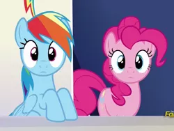 Size: 608x456 | Tagged: safe, derpibooru import, screencap, pinkie pie, rainbow dash, earth pony, pegasus, pony, 28 pranks later, season 6, cropped, cute, dashabetes, diapinkes, discovery family, discovery family logo, duo, duo female, female, image, logo, looking at you, mare, png, reaction image, staring into your soul