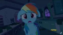 Size: 2208x1242 | Tagged: safe, derpibooru import, screencap, rainbow dash, pegasus, pony, 28 pranks later, cute, dark, dashabetes, female, floppy ears, looking at you, mare, open mouth, scared, scared shitless, scaredy dash