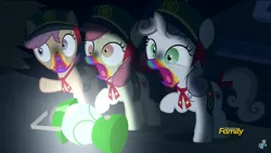 Size: 2208x1242 | Tagged: 28 pranks later, apple bloom, barn, cookie zombie, cutie mark, cutie mark crusaders, dark, derp, derpibooru import, discovery family logo, faic, lantern, rainbow, rainbow muzzle, safe, scary, scootaloo, screencap, sweetie belle, the cmc's cutie marks