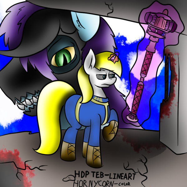 Size: 800x800 | Tagged: safe, artist:brickfromhatena, artist:h0rnycorn, artist:teb, derpibooru import, oc, oc:hornycorn, oc:tebclaw, unofficial characters only, pony, unicorn, fallout equestria, collaboration, size difference