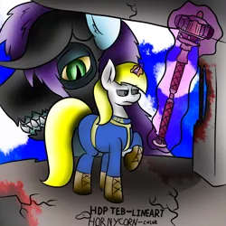 Size: 800x800 | Tagged: safe, artist:brickfromhatena, artist:h0rnycorn, artist:teb, derpibooru import, oc, oc:hornycorn, oc:tebclaw, unofficial characters only, pony, unicorn, fallout equestria, collaboration, size difference