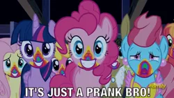 Size: 1230x697 | Tagged: safe, derpibooru import, screencap, big macintosh, fluttershy, pinkie pie, twilight sparkle, twilight sparkle (alicorn), alicorn, donkey, pony, 28 pranks later, barn, cake, dark, discovery family, discovery family logo, food, it's just a prank bro, meme, rainbow, rainbow muzzle, smiling