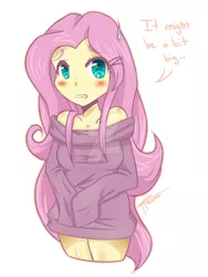 Size: 1024x1365 | Tagged: safe, artist:yupinapegasus, derpibooru import, fluttershy, equestria girls, blushing, clothes, simple background, solo, sweater, sweatershy, watermark