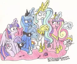 Size: 961x801 | Tagged: safe, artist:skywalkergirl666, deleted from derpibooru, derpibooru import, derpy hooves, princess cadance, princess celestia, princess luna, twilight sparkle, twilight sparkle (alicorn), alicorn, pony, two best sisters play, alicorn tetrarchy, couch, levitation, magic, telekinesis, two best friends play, video game