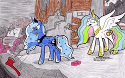 Size: 1024x642 | Tagged: artist:skywalkergirl666, axe, derpibooru import, princess celestia, princess luna, safe, silent hill, two best friends play, two best sisters play, weapon