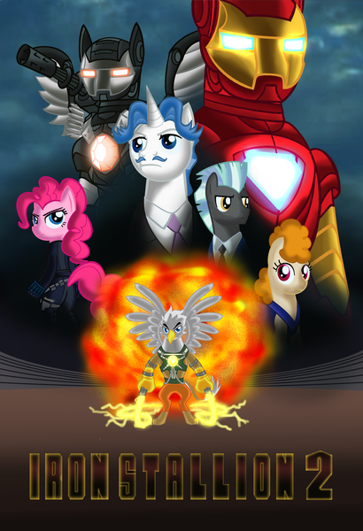 Size: 1024x1498 | Tagged: safe, artist:voltictail, derpibooru import, fancypants, pinkie pie, thunderlane, whiplash, oc, oc:lucy packard, earth pony, gryphon, pegasus, pony, unicorn, black widow (marvel), iron man, iron man 2, james rhodes, marvel, parody, pepper potts, poster, tony stark, war machine