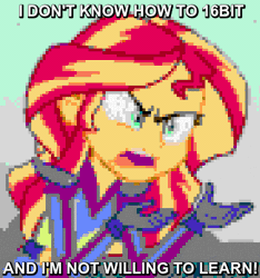 Size: 365x390 | Tagged: safe, derpibooru import, edit, edited screencap, screencap, sunset shimmer, equestria girls, friendship games, animated, caption, exploitable meme, image macro, meme, nes graphics, pixel art, sunset is not willing to learn