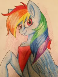 Size: 2448x3264 | Tagged: safe, artist:snowfoxythefox, derpibooru import, rainbow dash, awesome, bandana, clothes, colored, colored pencil drawing, colored sketch, cute, dashabetes, looking at you, pencil, pencil drawing, simple background, sitting, smiling, solo, traditional art