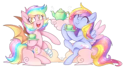 Size: 3200x1738 | Tagged: safe, artist:centchi, artist:hawthornss, derpibooru import, oc, oc:glittering cloud, oc:paper stars, unofficial characters only, bat pony, pegasus, pony, amputee, cute little fangs, eyes closed, fangs, female, food, glitterstars, long mane, smiling, sparkly mane, tea