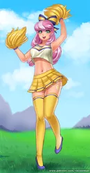 Size: 650x1250 | Tagged: adorasexy, armpits, artist:racoonsan, belly button, breasts, busty cheerilee, cheeribetes, cheerilee, cheerileeder, cheerleader, clothes, cute, derpibooru import, female, flats, human, humanized, midriff, miniskirt, open mouth, pleated skirt, pom pom, sexy, shoes, skirt, skirt lift, socks, solo, solo female, suggestive, sweat, the cart before the ponies, thigh highs, zettai ryouiki