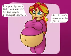 Size: 1833x1441 | Tagged: suggestive, artist:funble, derpibooru import, part of a set, sunset shimmer, series:strange properties of equestrian magic, equestria girls, belly, belly button, big belly, big breasts, breasts, busty sunset shimmer, clothes, dialogue, female, hyper, hyper pregnancy, looking at you, outie belly button, pajamas, pregnant, sequence, solo, solo female, speech bubble, sunset preggers
