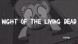 Size: 1600x900 | Tagged: 28 pranks later, black and white, cookie zombie, derpibooru import, edit, edited screencap, funny, grayscale, monochrome, night of the living dead, parody, pinkie pie, safe, screencap, youtube link, zombie, zombie pony