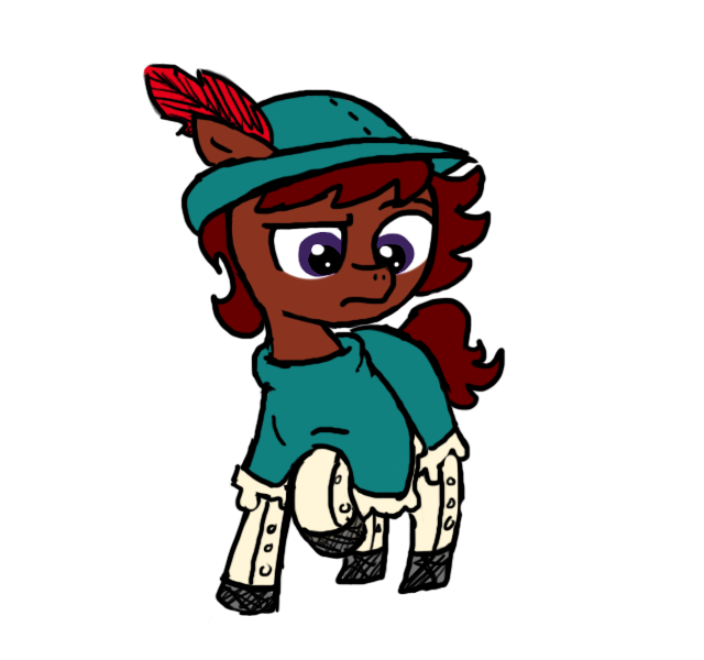 Size: 640x600 | Tagged: safe, artist:ficficponyfic, artist:methidman, color edit, derpibooru import, edit, oc, oc:ruby rouge, unofficial characters only, earth pony, pony, colt quest, alternate color palette, child, clothes, colored, concerned, dress, feather, female, filly, foal, frown, hat, leggings, simple background, solo, tomboy, white background